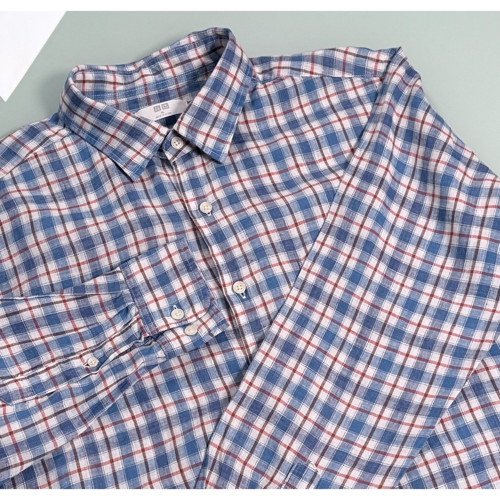 UNIQLO Japan Blue‎ & White Check 100% Linen Mens Long Sleeve Button Shirt - XL